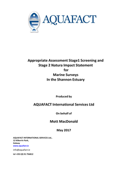 Appropriate Assessment Stage1 Screening and Stage 2 Natura Impact Statement for Marine Surveys in the Shannon Estuary