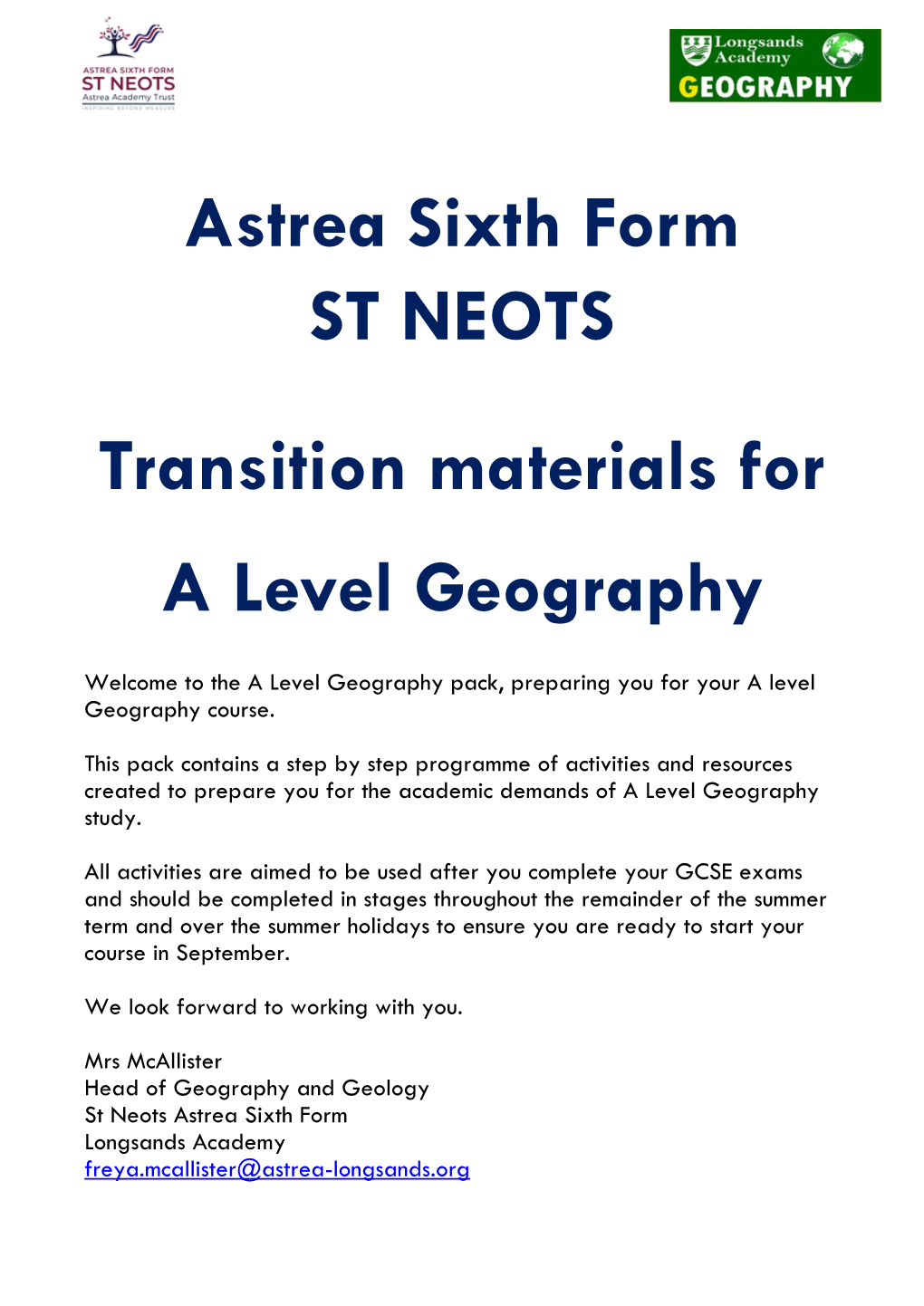 Astrea Sixth Form ST NEOTS Transition Materials for a Level