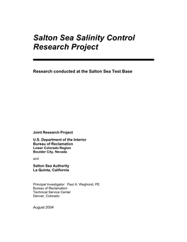 Salton Sea Salinity Control Research Project Report