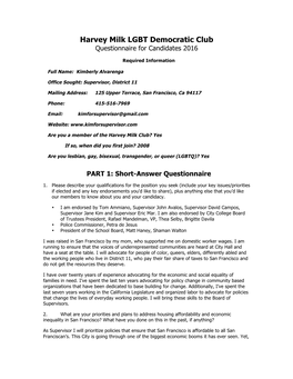 Harvey Milk LGBT Democratic Club Questionnaire for Candidates 2016