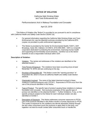 NOTICE of VIOLATION California Safe Drinking Water and Toxic