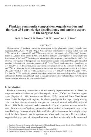 Plankton Community Composition, Organic Carbon and Thorium-234 Particle Size Distributions, and Particle Export in the Sargasso Sea