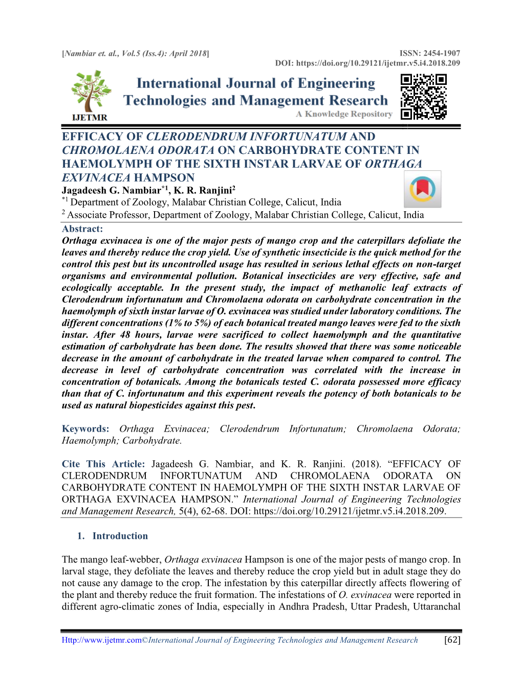 Efficacy of Clerodendrum Infortunatum and Chromolaena Odorata on Carbohydrate Content in Haemolymph of the Sixth Instar Larvae O