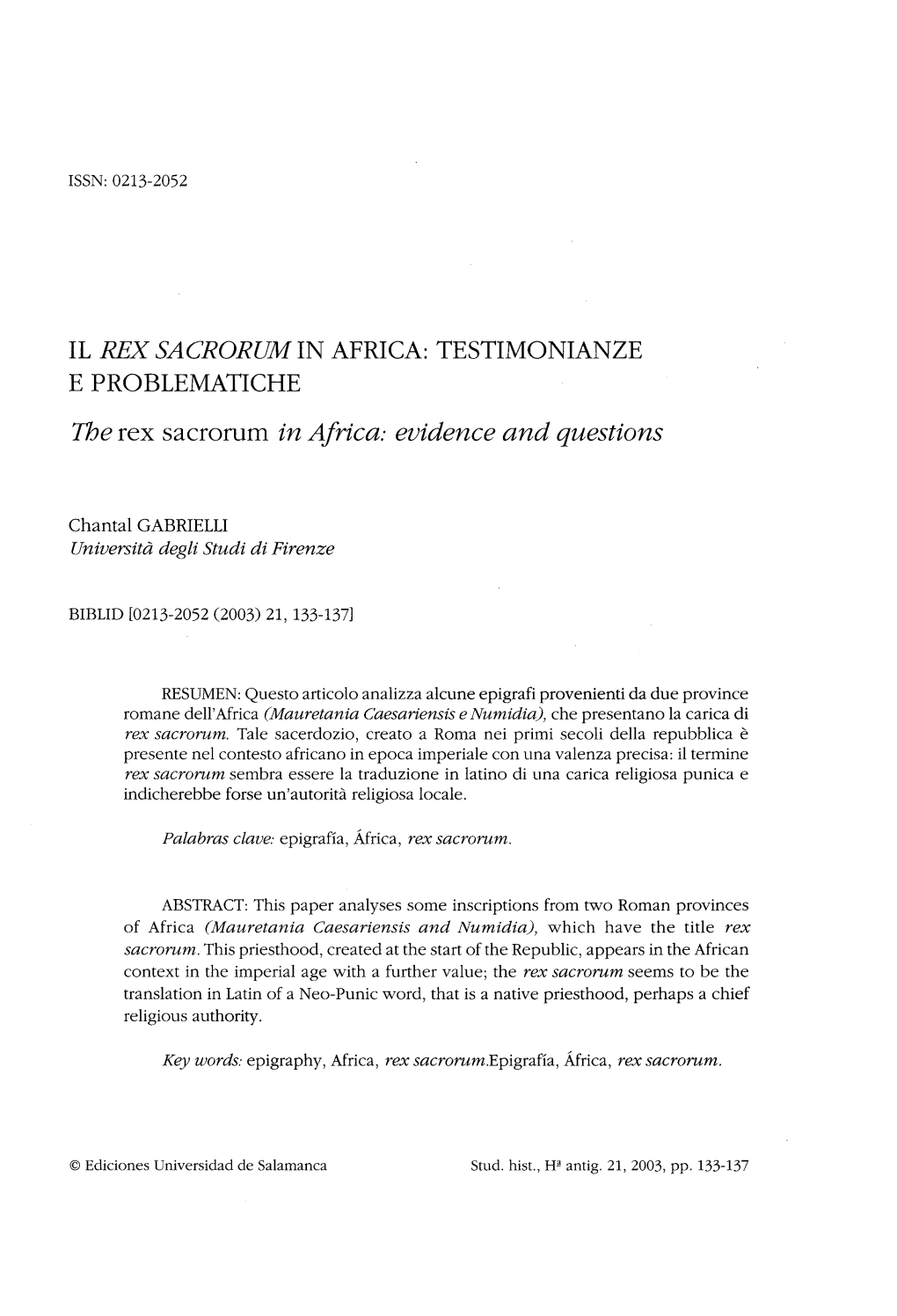 Il Rex Sacrorum in Africa: Testimonianze E Problematiche