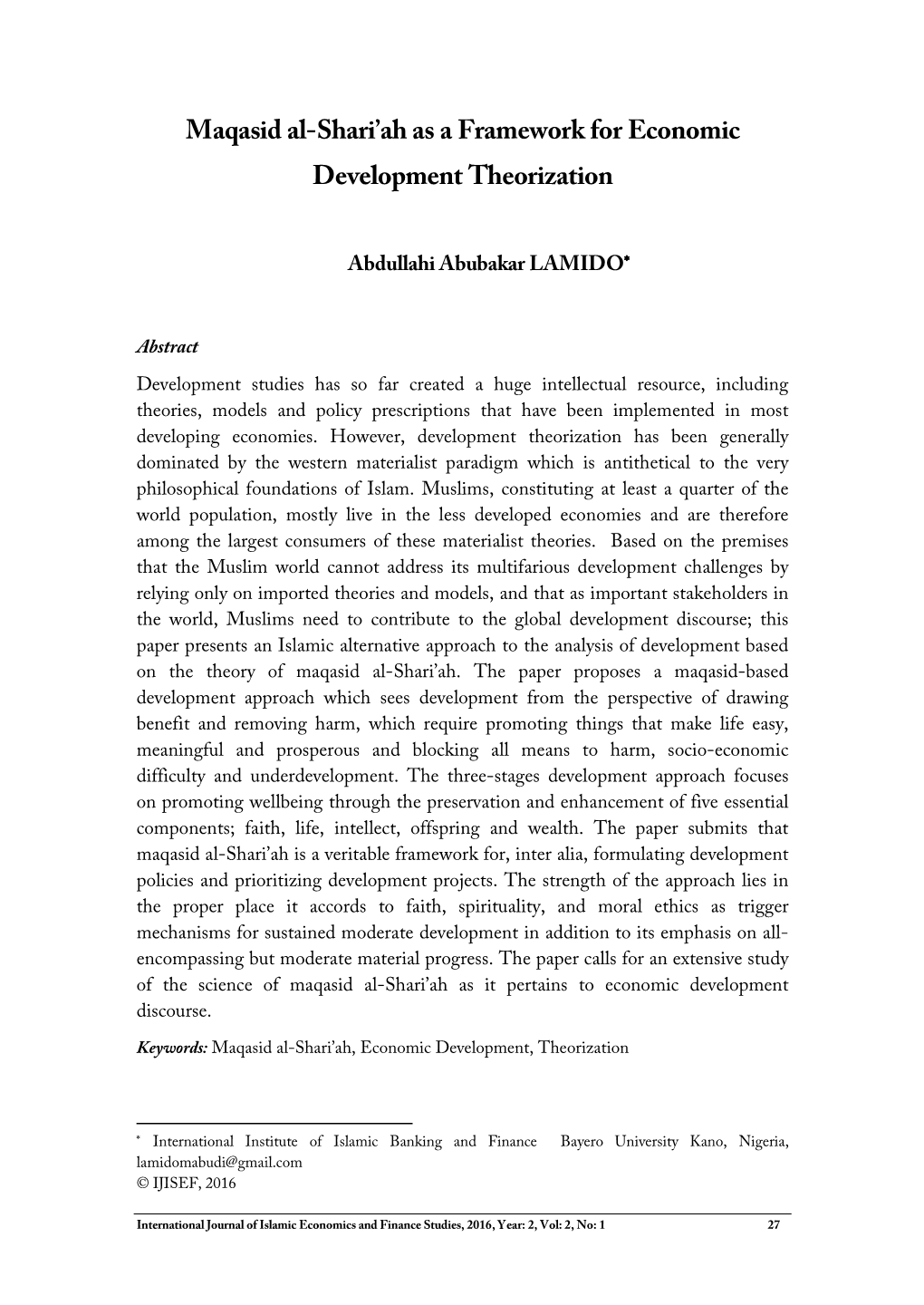 Maqasid Al-Shari'ah As a Framework for Economic Development