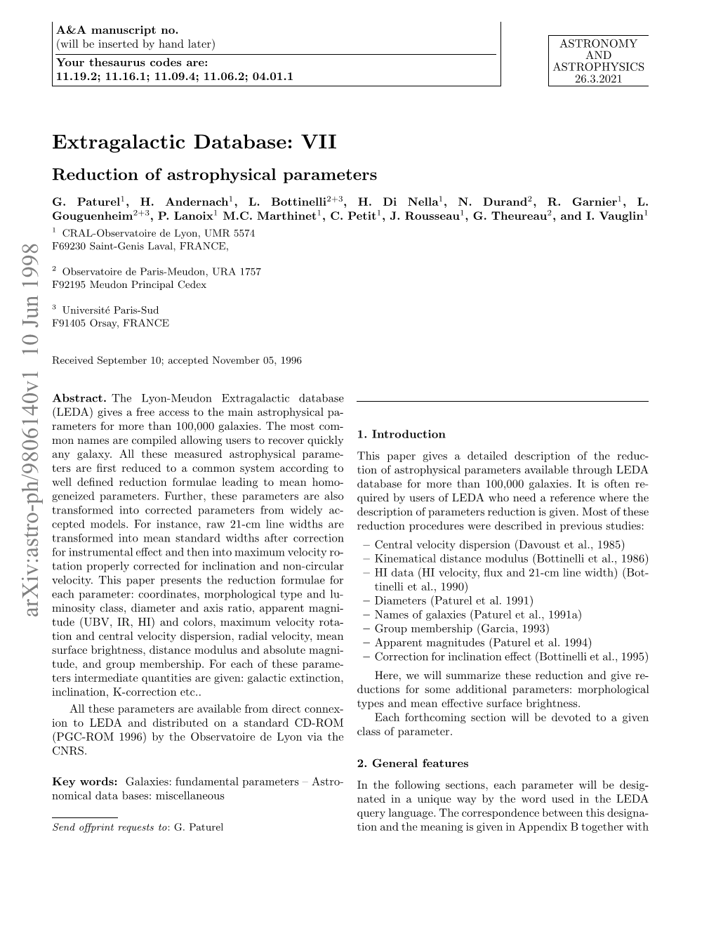 Extragalactic Database. VII Reduction of Astrophysical Parameters