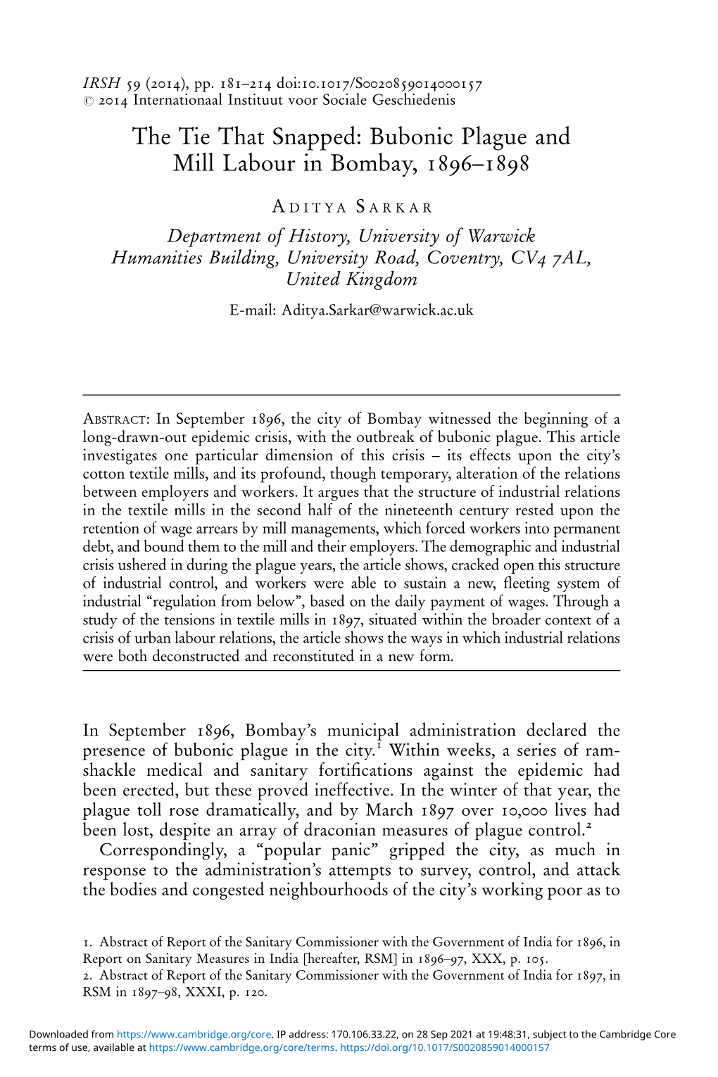 Bubonic Plague and Mill Labour in Bombay, 1896–1898