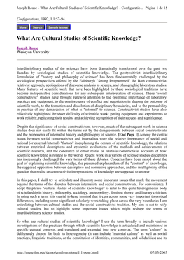 What Are Cultural Studies of Scientific Knowledge? - Configuratio