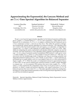 Approximating the Exponential, the Lanczos Method and an O˜ (M)-Time Spectral Algorithm for Balanced Separator