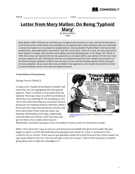 Commonlit | Letter from Mary Mallon: on Being 'Typhoid Mary'