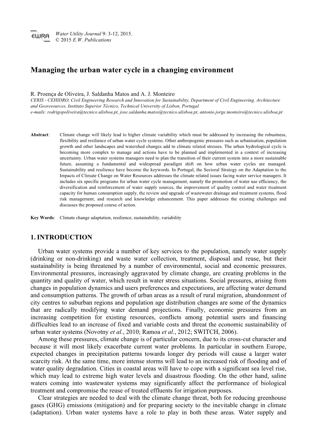 Managing the Urban Water Cycle in a Changing Environment