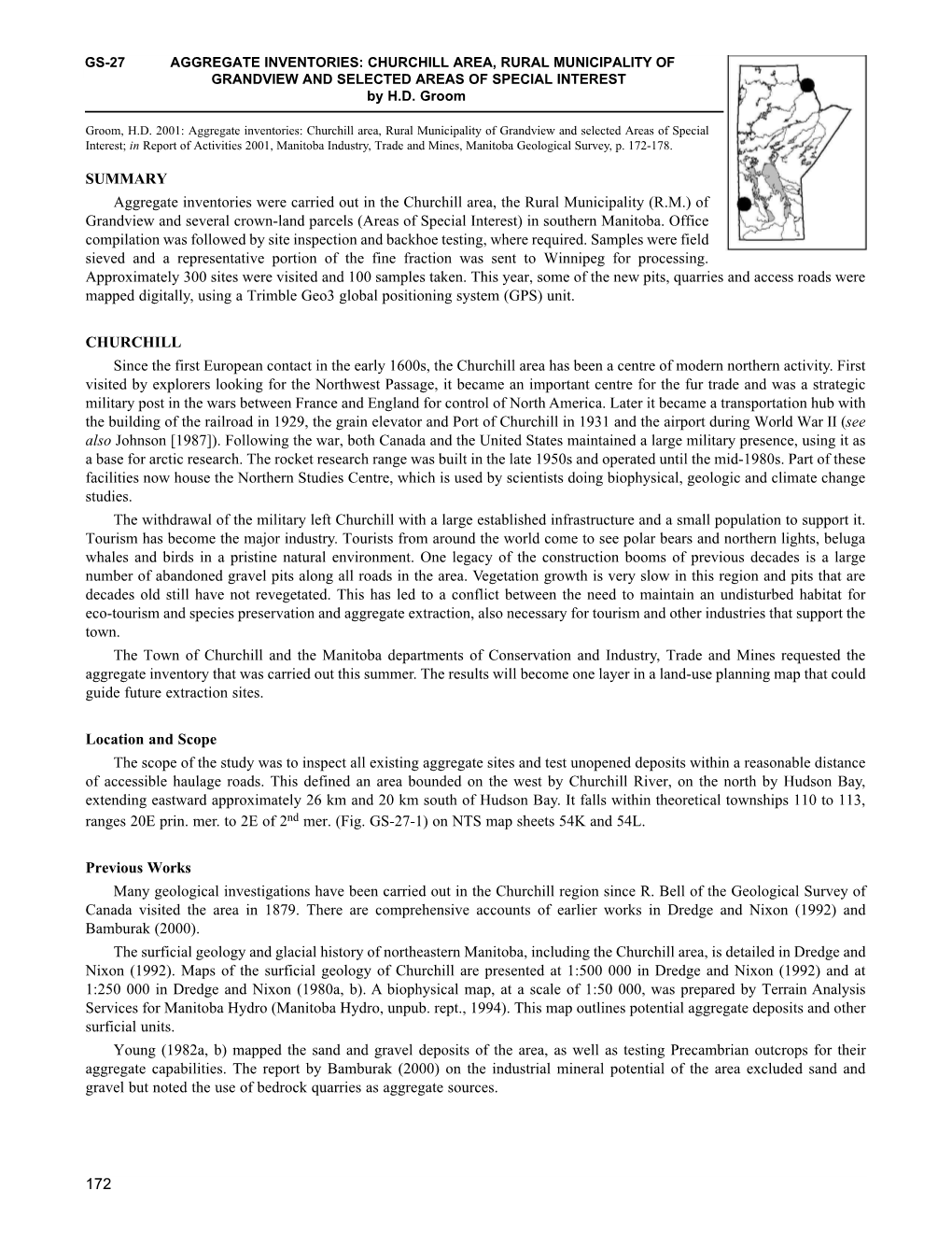 AGGREGATE INVENTORIES: CHURCHILL AREA, RURAL MUNICIPALITY of GRANDVIEW and SELECTED AREAS of SPECIAL INTEREST by H.D