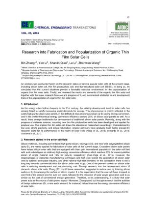 Research Into Fabrication and Popularization of Organic Thin Film Solar Cells, Chemical Engineering Transactions, 55, 25-30 DOI:10.3303/CET1655005 26