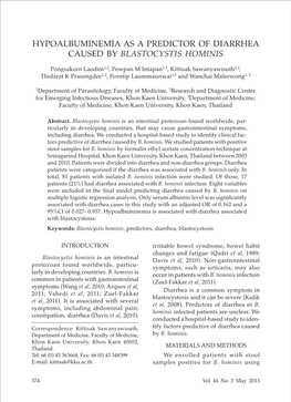 Hypoalbuminemia As a Predictor of Diarrhea Caused by Blastocystis Hominis