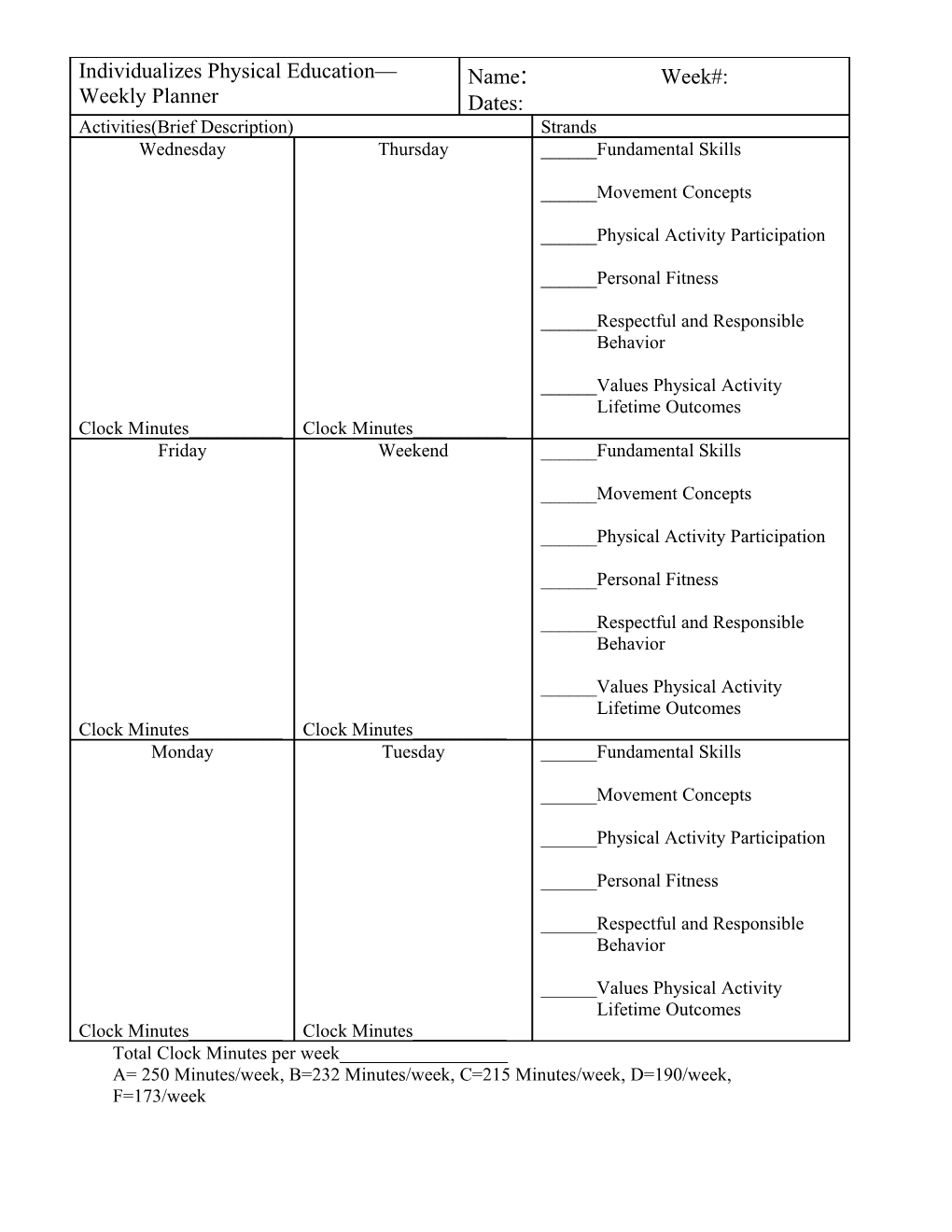 Individualizes Physical Education Weekly Planner