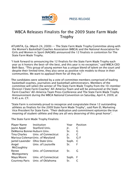 WBCA Releases Finalists for the 2009 State Farm Wade Trophy 2008-09