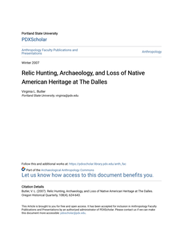 Relic Hunting, Archaeology, and Loss of Native American Heritage at the Dalles