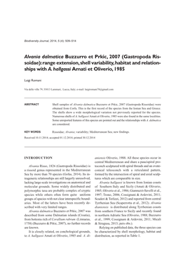 Alvania Dalmatica Buzzurro Et Prkic, 2007 (Gastropoda Ris- Soidae): Range Extension, Shell Variability, Habitat and Relation - Ships with A