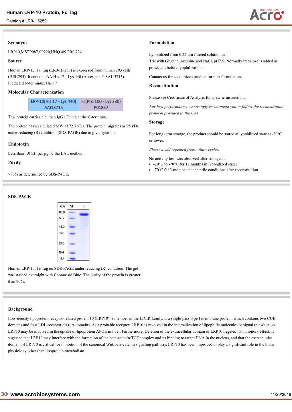 11/20/2019 Human LRP-10 Protein, Fc Tag Catalog # LR0-H5259