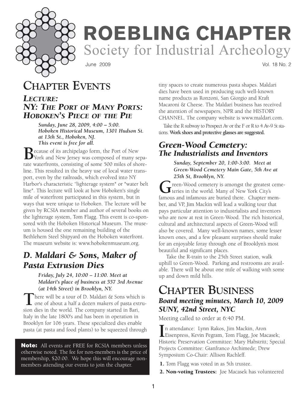 Roebling Chap. Newsletter, Vol. 18, No. 2 June 2009