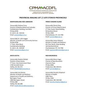 Provincial Mailing List // Liste D'envoi Provinciale