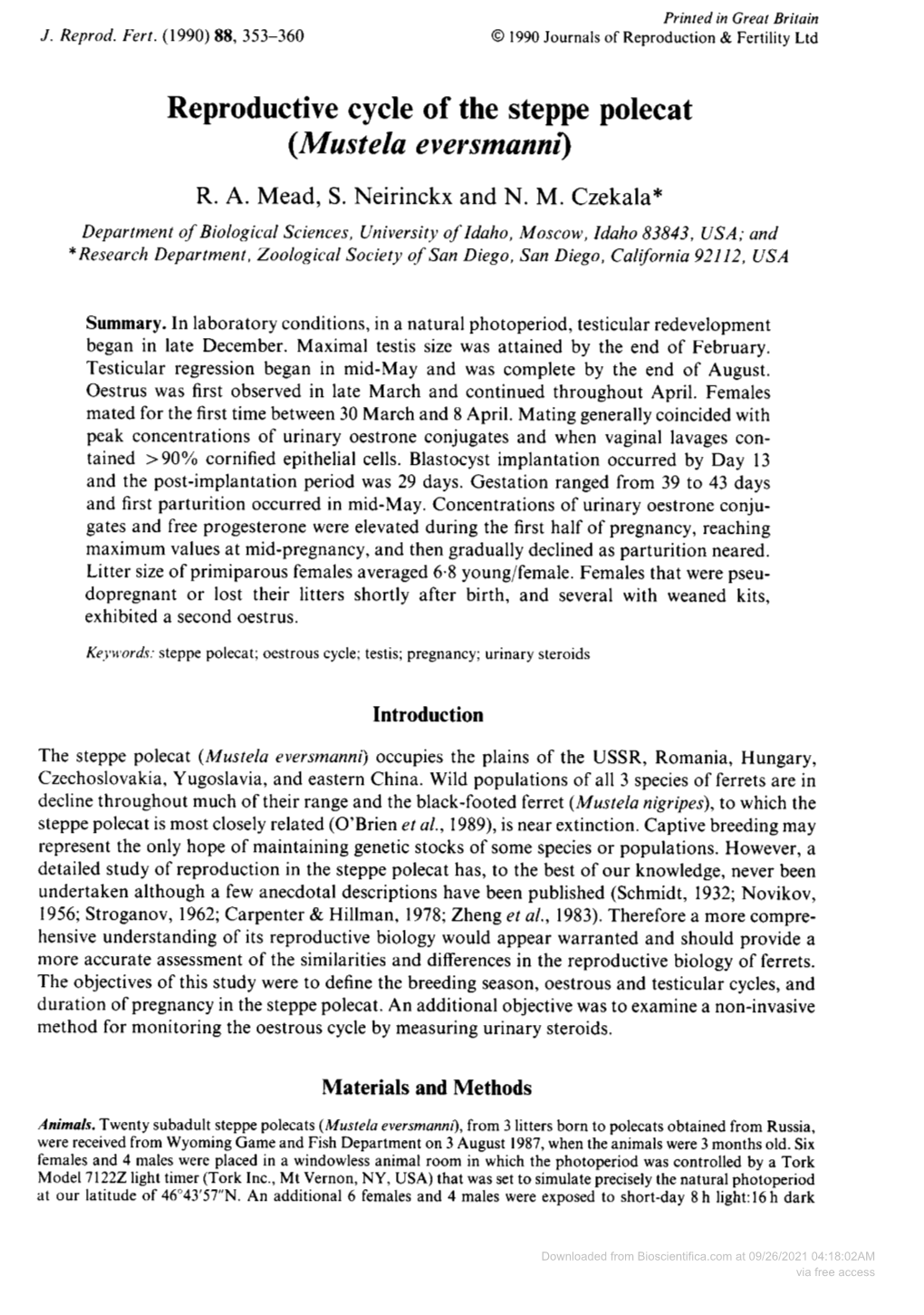 Reproductive Cycle of the Steppe Polecat (Mustela Eversmanni) R