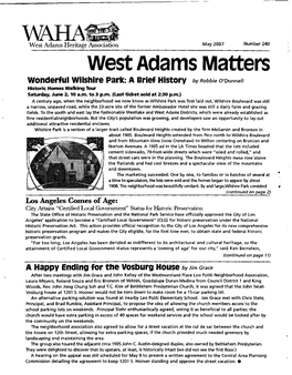 West Adams Matters Wonderful Wilshire Park: a Brief History by Robbie O'donnell Historic Homes Walking Tour Saturday, June 2, 10 A.M