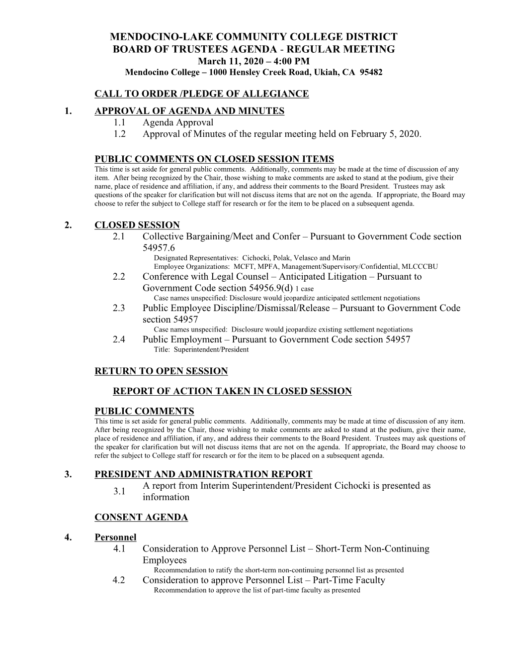 Mendocino-Lake Community College District Board of Trustees Agenda