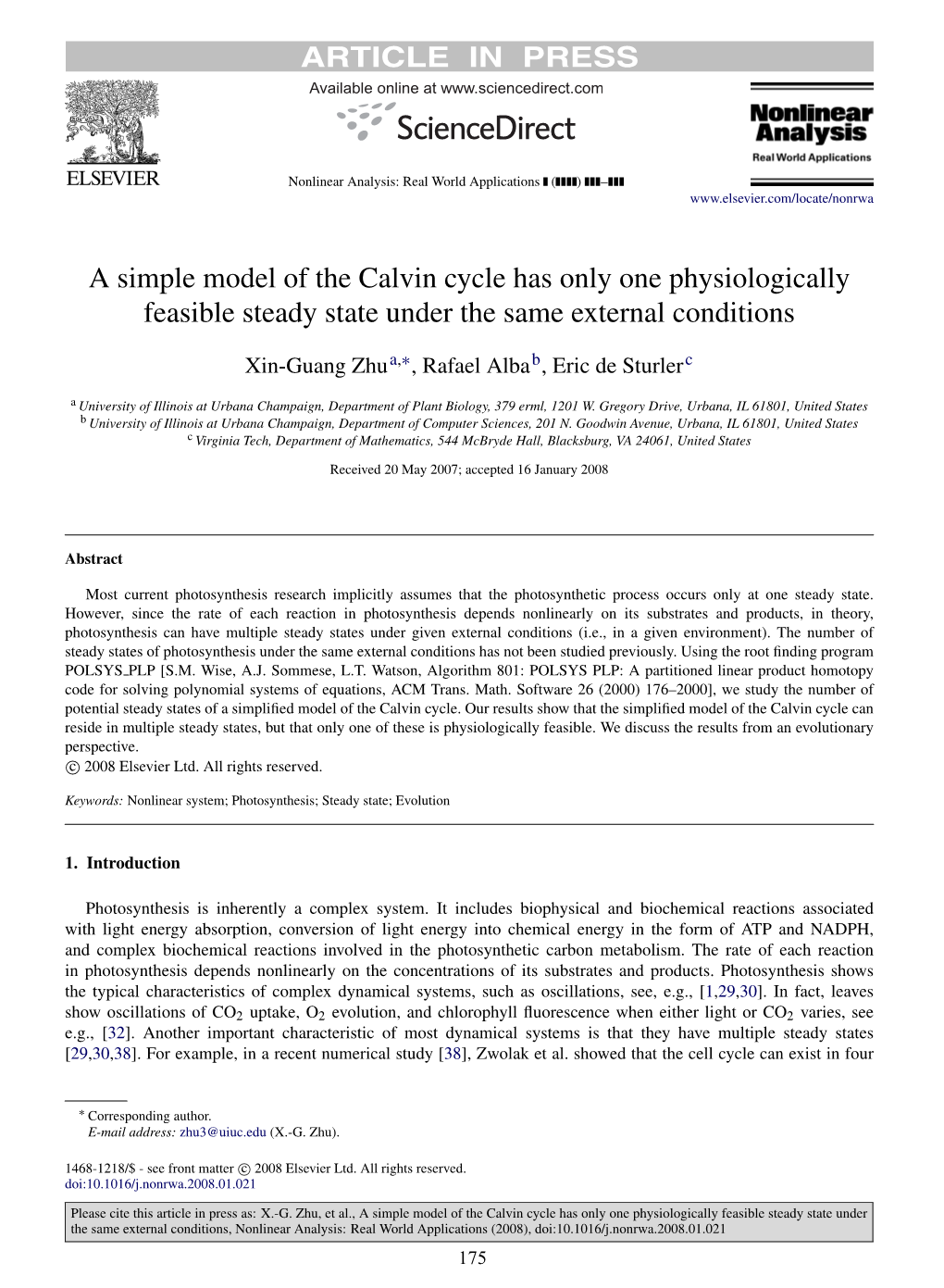 A Simple Model of the Calvin Cycle Has Only One Physiologically Feasible Steady State Under the Same External Conditions