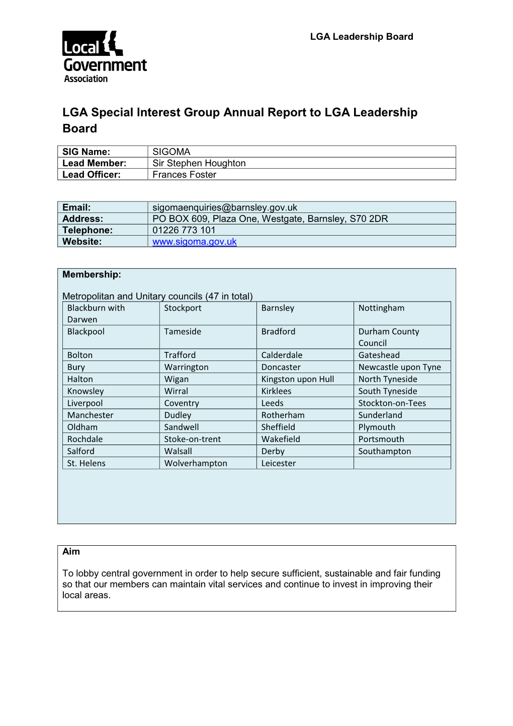 LGA Special Interest Group Annual Report to LGA Leadership Board