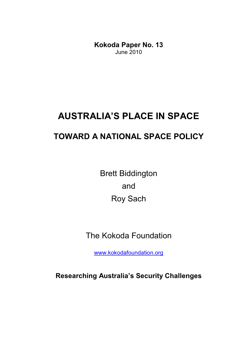 Australia's Place in Space: Toward a National Space Policy