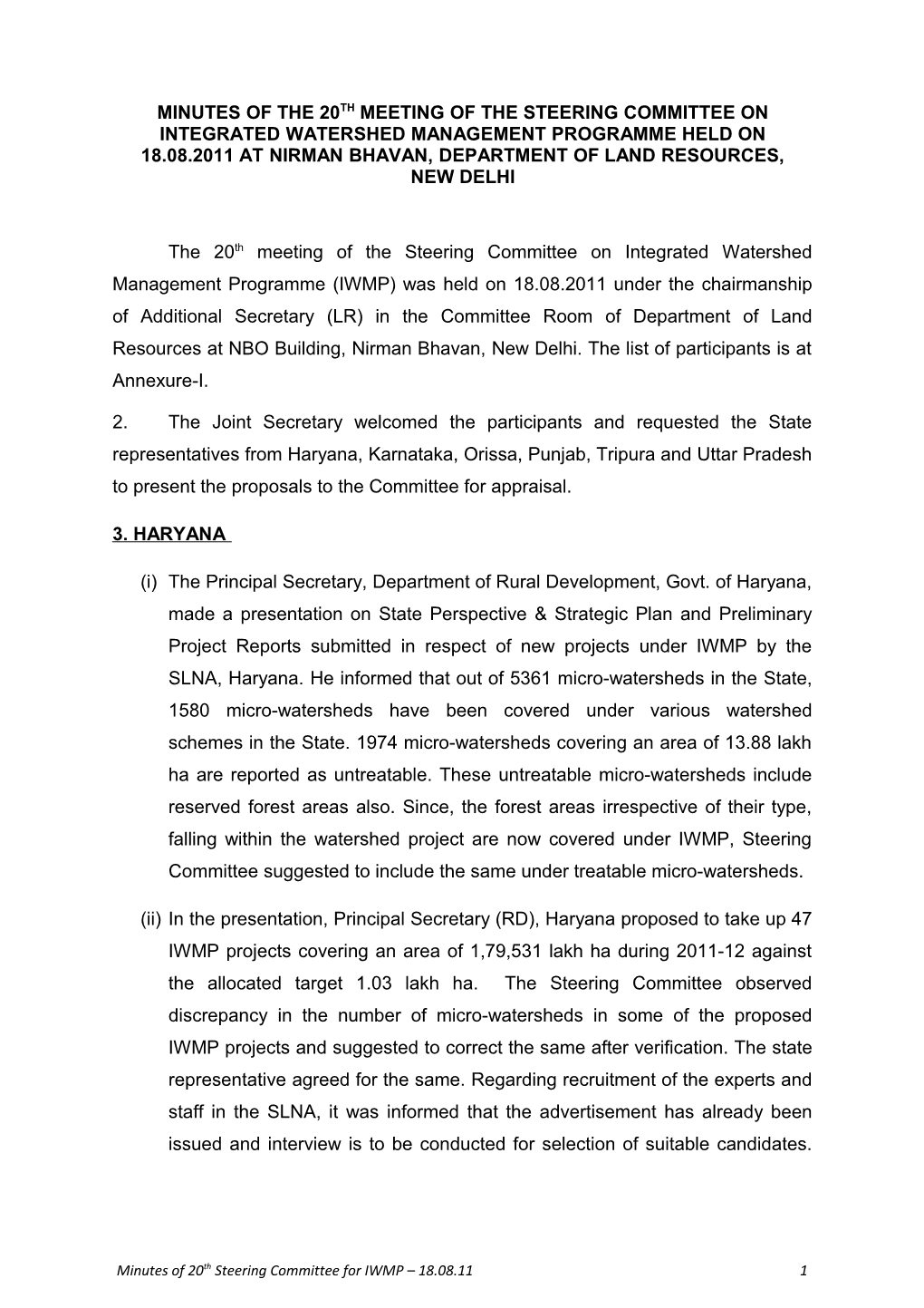 Minutes of the 20Th Meeting of the Steering Committee on Integrated Watershed Management