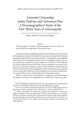 Antinoite Citizenship Under Hadrian and Antoninus Pius a Prosopographical Study of the First Thirty Years of Antinoopolis