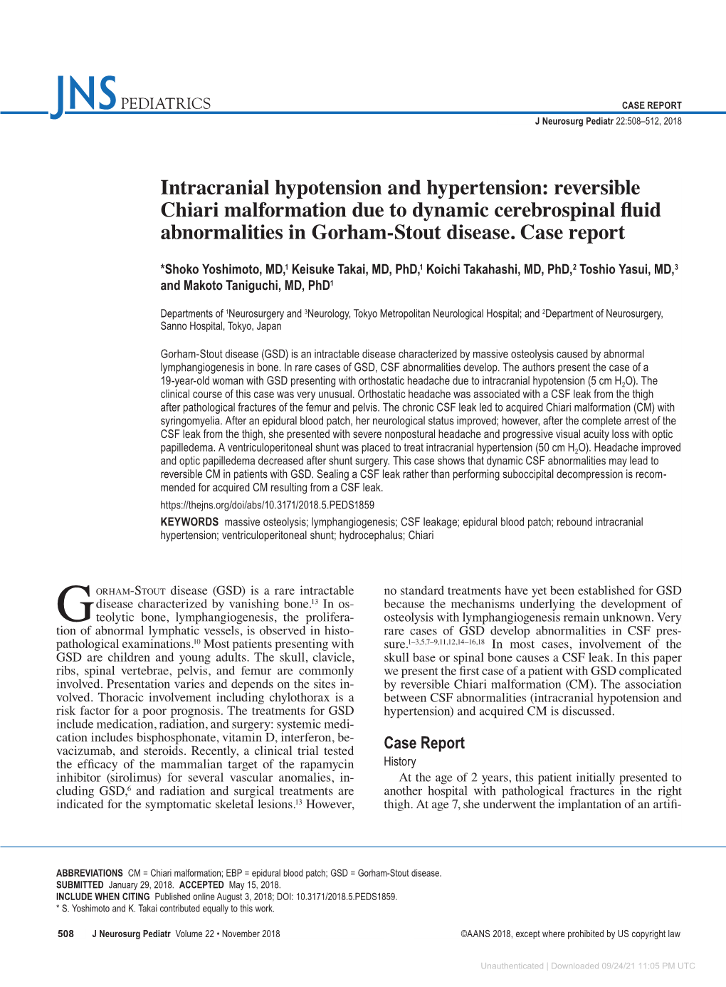 Intracranial Hypotension and Hypertension: Reversible Chiari Malformation Due to Dynamic Cerebrospinal Fluid Abnormalities in Gorham-Stout Disease