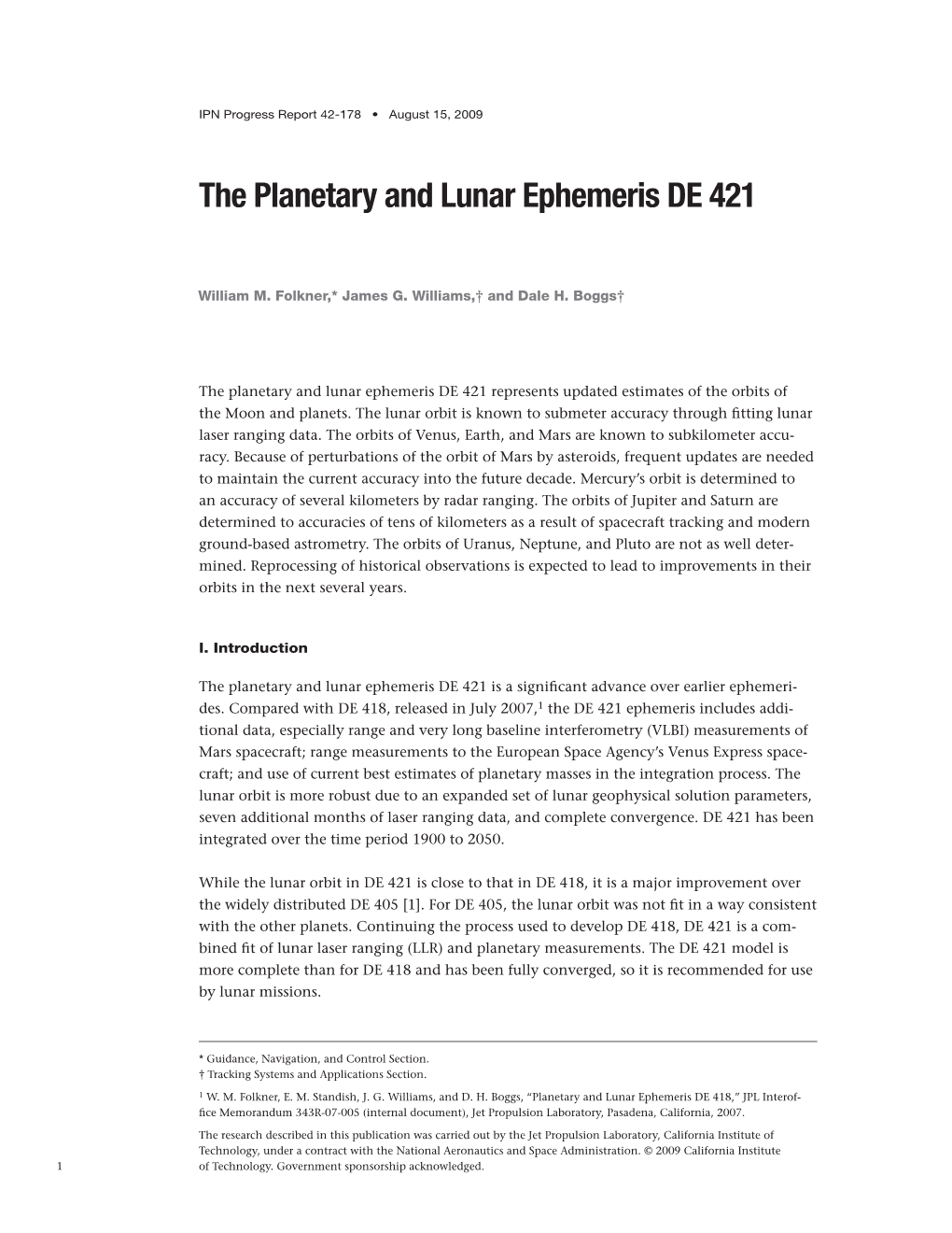 The Planetary and Lunar Ephemeris DE 421