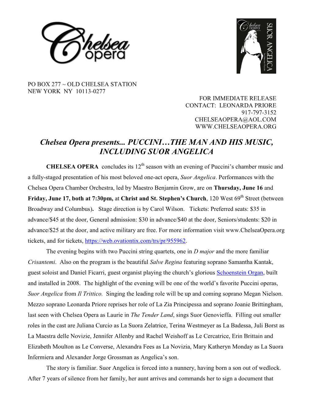 Chelsea Opera Presents... PUCCINI…THE MAN and HIS MUSIC, INCLUDING SUOR ANGELICA