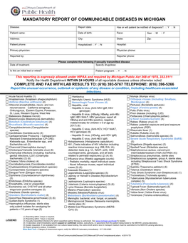 Mandatory Report of Communicable Diseases in Michigan