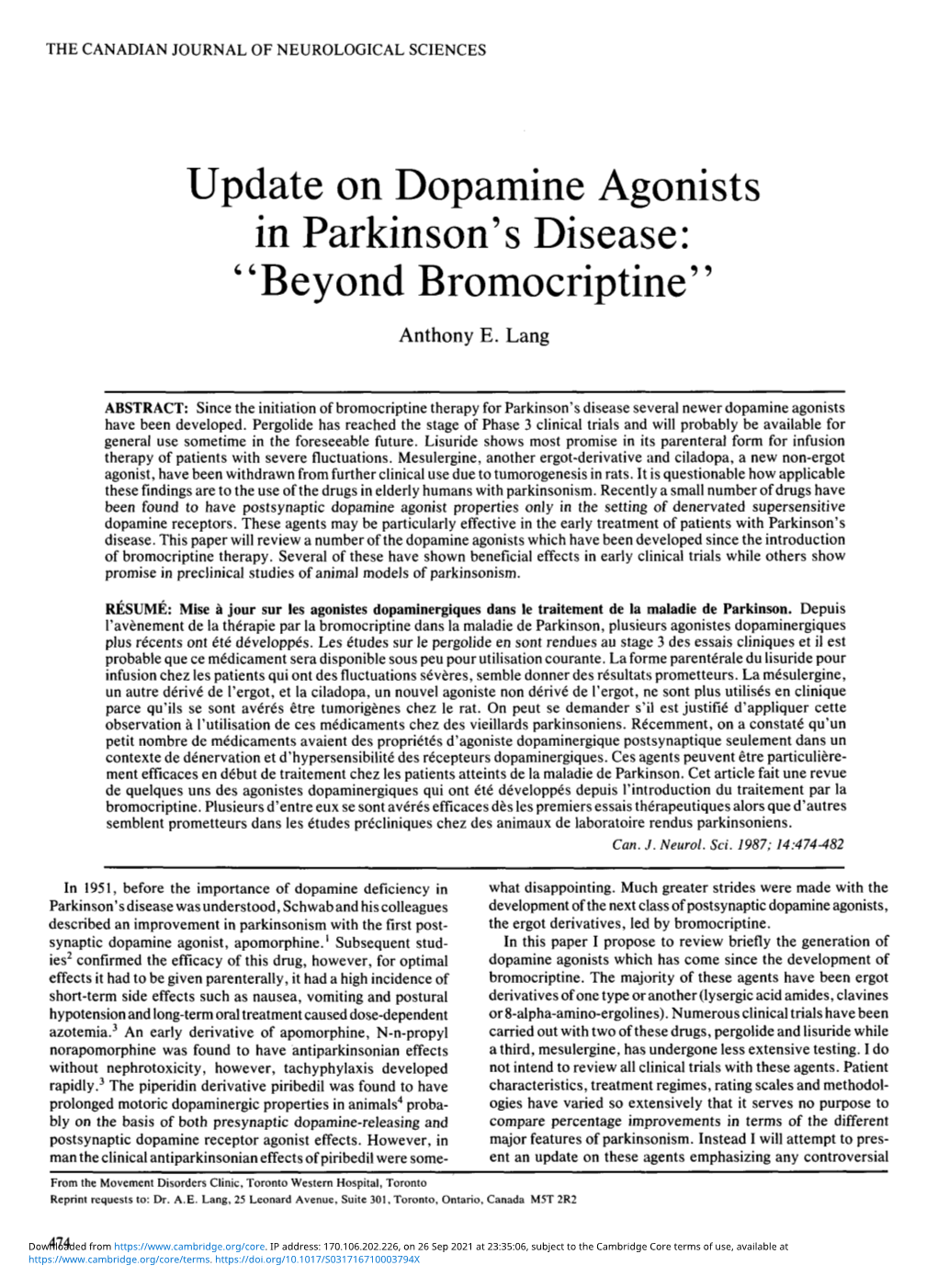 Update on Dopamine Agonists in Parkinson's Disease: 