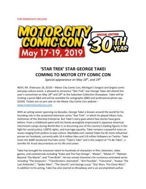 STAR GEORGE TAKEI COMING to MOTOR CITY COMIC CON Special Appearance on May 18Th, and 19Th