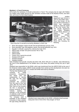 Westland - a Yeovil Centenary 2015 Marks the Centenary of Aircraft Construction in Yeovil