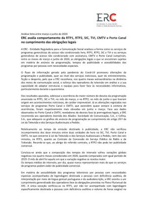 ERC Avalia Comportamento Da RTP1, RTP2, SIC, TVI, CMTV E Porto Canal No Cumprimento Das Obrigações Legais