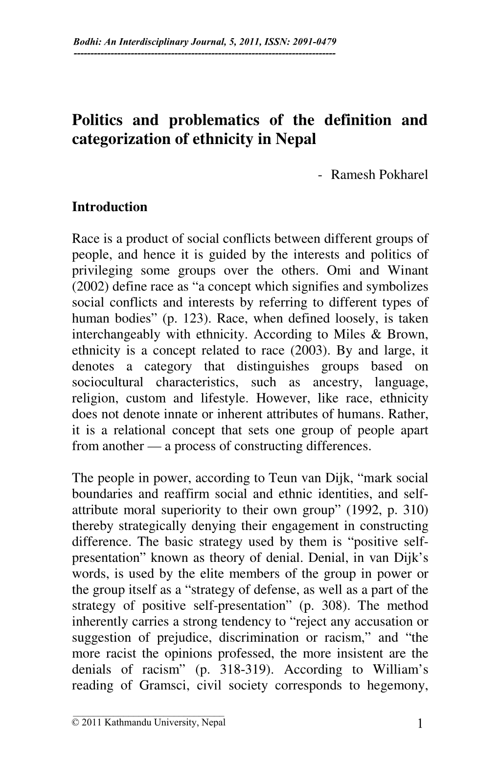 Politics and Problematics of the Definition and Categorization of Ethnicity in Nepal