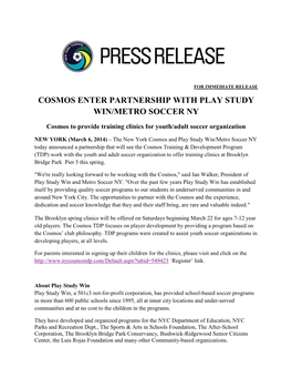 Cosmos Enter Partnership with Play Study Win/Metro Soccer Ny