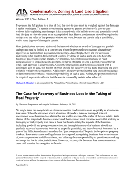 The Case for Recovery of Business Loss in the Taking of Real Property