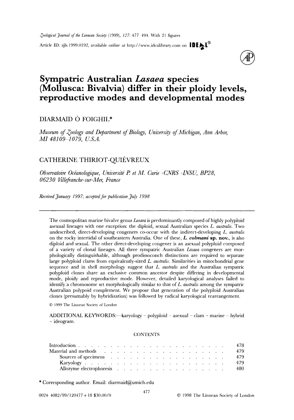 Sympatric Australian Lasaea Species (Mollusca: Bivalvia) Differ in Their Ploidy Levels, Reproductive Modes and Developmental Modes
