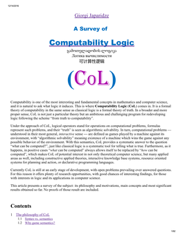 Computability Logic გამოთვლადობის ლოგიკა Логика Вычислимости 可计算性逻辑 (Col)
