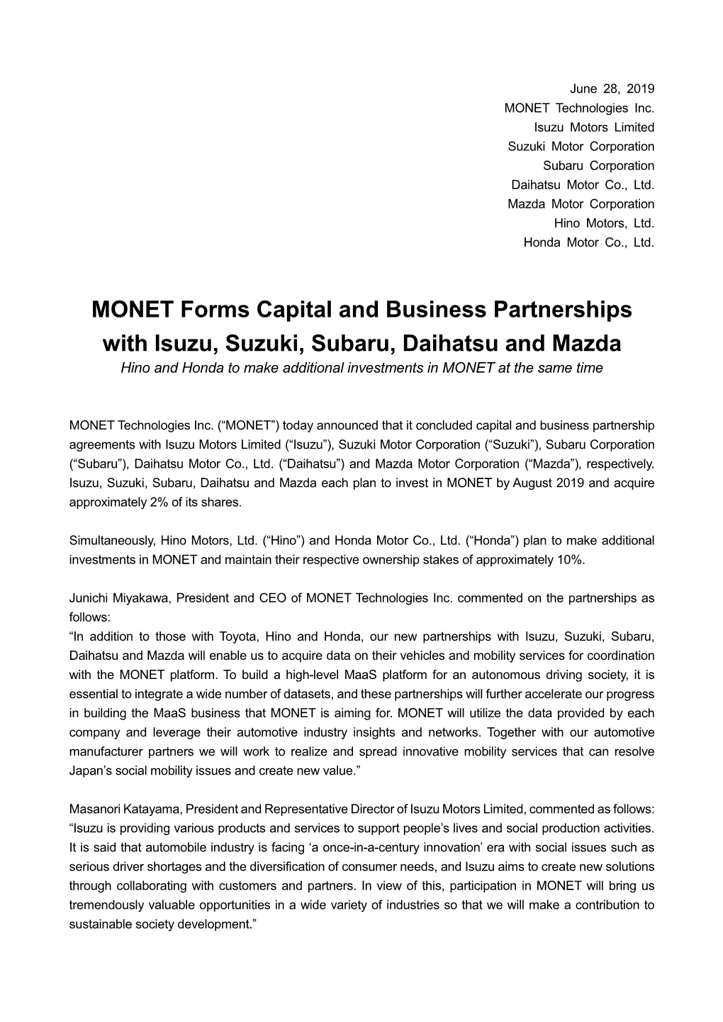 MONET Forms Capital and Business Partnerships with Isuzu, Suzuki, Subaru, Daihatsu and Mazda Hino and Honda to Make Additional Investments in MONET at the Same Time