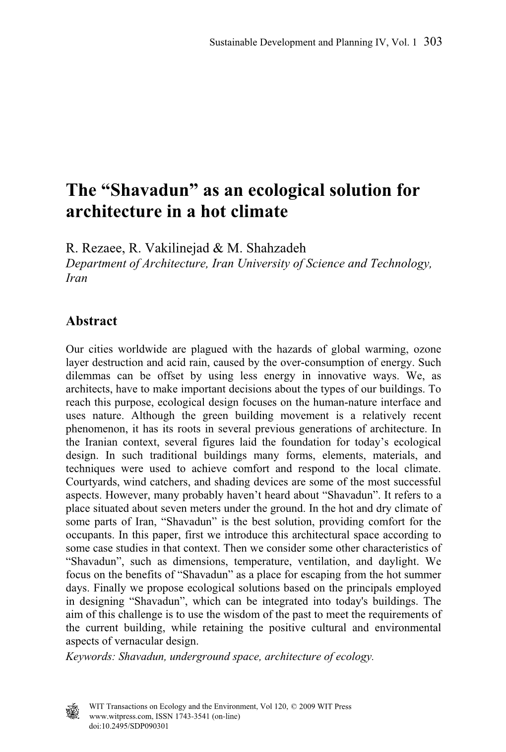 As an Ecological Solution for Architecture in a Hot Climate