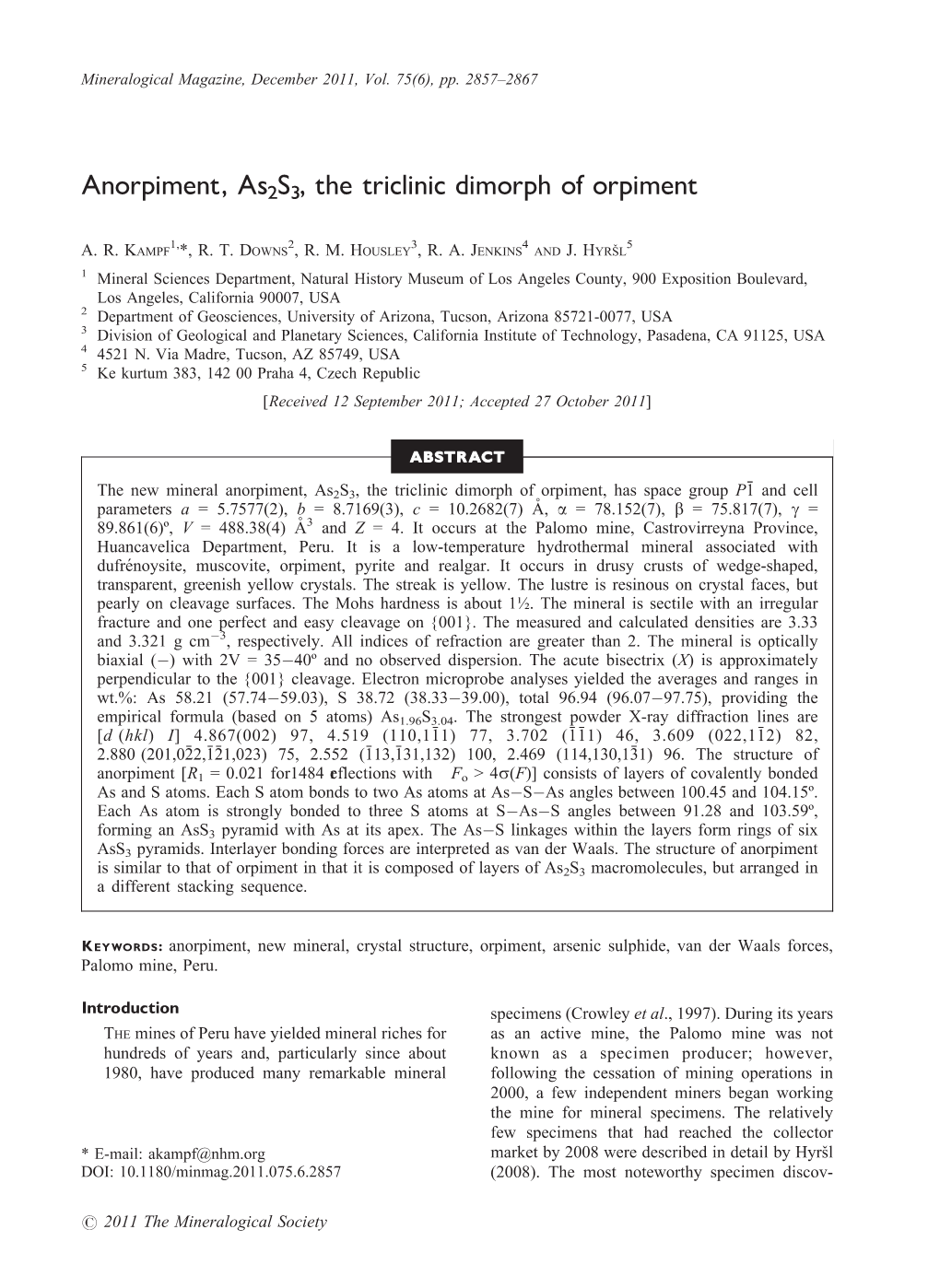 Anorpiment, As2s3, the Triclinic Dimorph of Orpiment