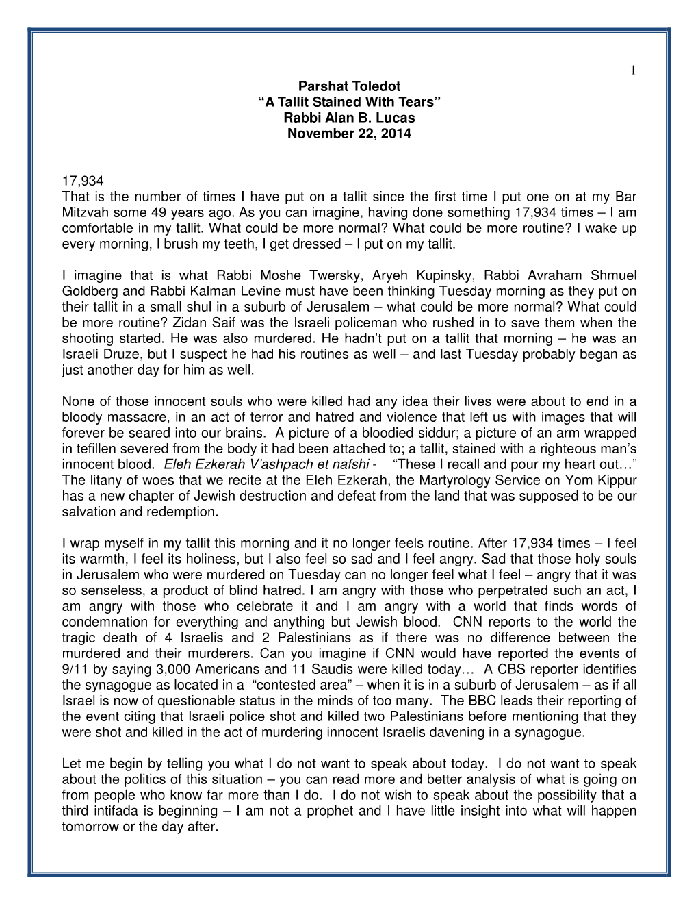 1 Parshat Toledot “A Tallit Stained with Tears” Rabbi Alan B. Lucas November 22, 2014